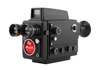 A vintage-style  camera with a glowing red "on air" button stands out against a black background.