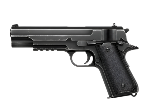 Detailed side view of a handgun, displaying its metal frame, textured grip, and subtle wear marks against a black backdrop.