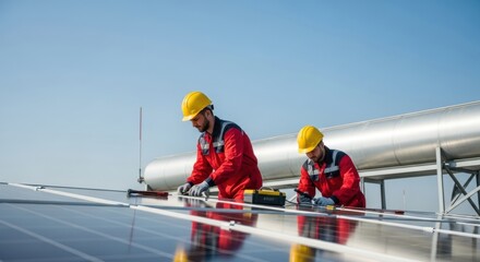 Solar panel installation by workers on a rooftop, ensuring clean energy generation and sustainable power solutions