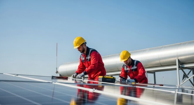 Solar panel installation by workers on a rooftop, ensuring clean energy generation and sustainable power solutions