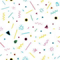 Abstract colorful geometric shapes and squiggles seamless pattern for festive design projects white background