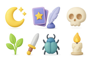 Whimsical 3d icons: moon, cards, skull, leaf, sword, beetle, candle
