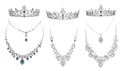 Diamond tiaras and necklaces, luxury jewelry on transparent background