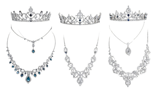 Diamond tiaras and necklaces, luxury jewelry on transparent background