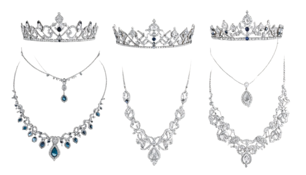 Diamond tiaras and necklaces, luxury jewelry on transparent background