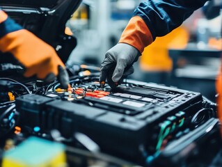 Close-up of mechanic repairing electric car battery with precision tools, symbol of sustainable automotive technology.