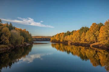 Fototapeta premium Autumnal Golden Forest by the Lake and River