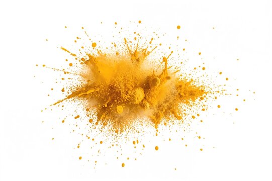 Tiny yellow sand bursting in mid-air, golden grains scattering with explosive force. Abstract airborne dust cloud. Yellow sand particles splashed against a white backdrop captured with high-speed