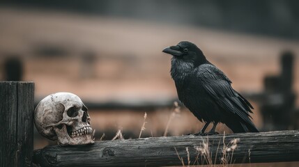 Raven perched near a human skull on a weathered wooden fence outdoors. Symbolic for Halloween, death, mortality, or a gothic theme.