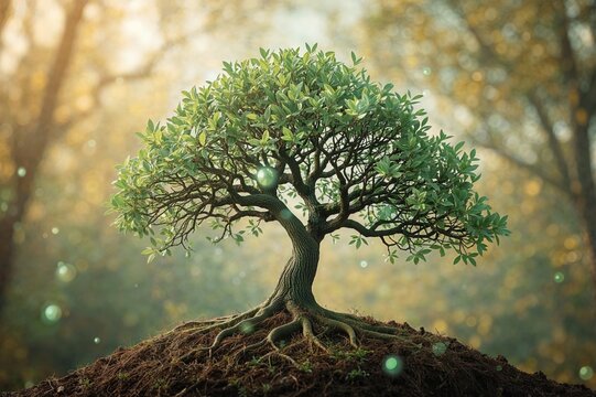Eco-friendly theme featuring a flourishing tree intertwined with biochemical patterns against a soft-focused natural backdrop