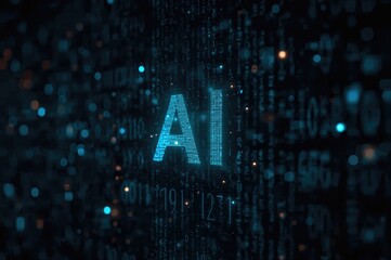 Illuminated fuzzy AI hologram displaying binary data on a vague backdrop. Theme of AI, tech, and coding.