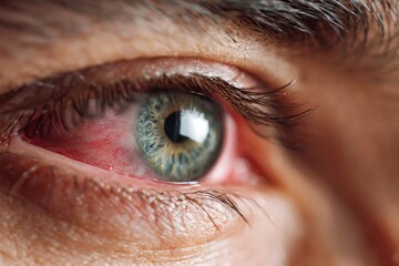 Human Eye with Conjunctivitis extreme close up. Closeup irritated infected red bloodshot eye. Male Eye. Vision. Eyesight. Adult Pain Eye Opening Wide. Viral infection with redness of eyeball. Macro