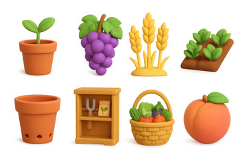 3d gardening and harvest elements with fresh produce and tools