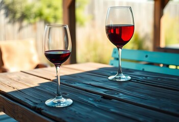 Rustic wooden table, wine glass, sunlit setting, image, elegant