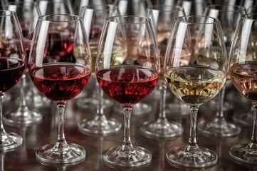 Naklejka premium Wine glasses filled with red, white, and rosÃ© varieties