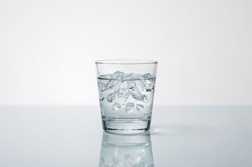 Transparent water glass on a wooden surface with a plain white backdrop, abstract design, isolated element, natural theme, vintage style, white and blue tones, wave pattern