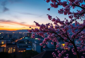 Serene twilight cityscape, sakura blossoms falling gently,  landscape,  soft