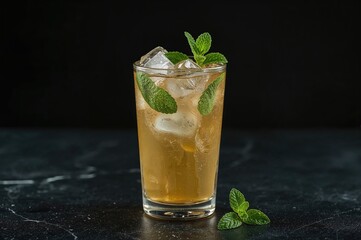 Refreshing ginger beer served with mint and lemon on a dark surface