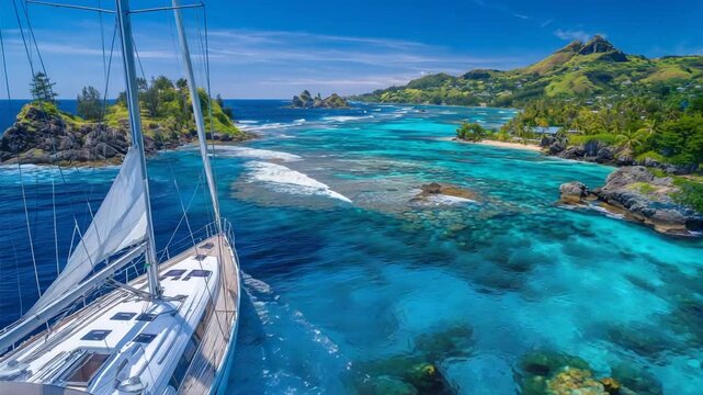 Experience the ultimate nautical escape with a luxury sailing yacht gliding through turquoise waters near a tropical island.
