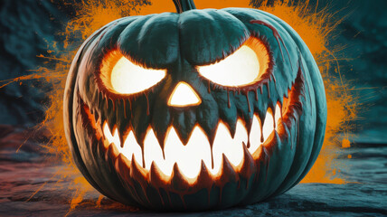 Spooky jack o lantern with glowing orange eyes and a wicked grinning face on halloween night