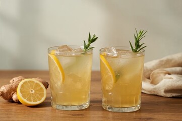 Homemade organic probiotic beverage with lemon and ginger served in glasses, copy space