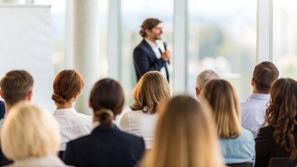Fototapeta premium Audience listening to professional speaker — corporate seminar on business strategy and growth