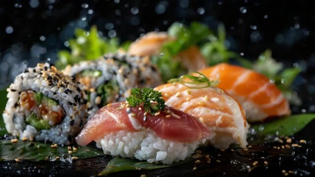 Experience the mesmerizing levitation of salmon and tuna sushi nigiri with vibrant maki rolls against a striking black backdrop.
