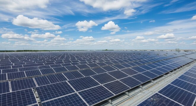 Aerial view of a vast solar panel farm under a blue sky with scattered clouds, generating clean and renewable energy