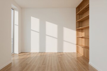 Fototapeta premium Contemporary interior featuring shelving units and hardwood flooring