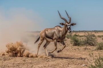 Fototapeta premium Gemsbok sprinting, raising a cloud of dust