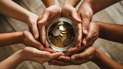 Diverse group of hands carefully cupping a glass jar filled with coins symbolizing community fundraising and shared financial support