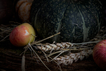 Rustic Still Life with Pumpkin, Apples and Wheat Ears