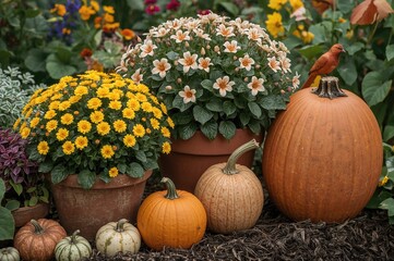 Autumn floral display featuring potted plants, nuts, pumpkins, and a terracotta bird