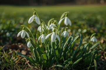 Fototapeta premium Green snowdrop flowers blooming in early spring