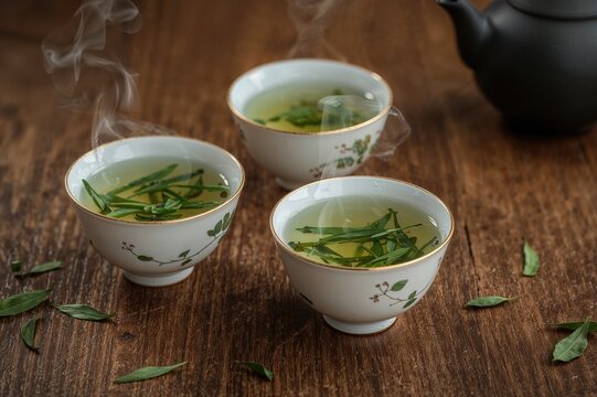 Close-up of a tea setup featuring a gaiwan and bowls filled with green tea and fresh leaves on a rustic surface, selective focus.