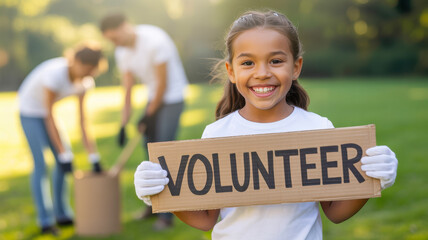 Smiling young girl proudly holds a volunteer sign while others work in the background