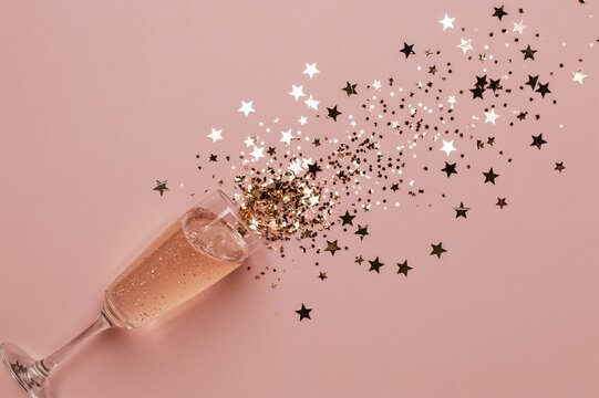 Festive flat lay with a champagne flute pouring shimmering stars and confetti onto a soft pink backdrop, minimalist design perfect for stylish lifestyle blogs and social media