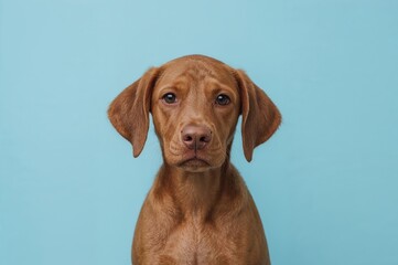 Amusing frustrated puppy enjoying a summer bath on a blue backdrop