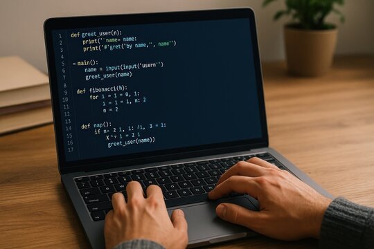 Hands coding on laptop screen.