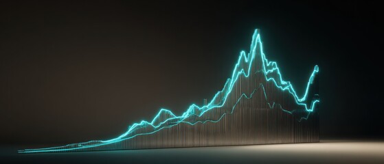Glowing turquoise line graph showing market trends and financial growth on a dark background representing data analysis