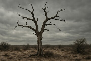 Lonely tree under stormy sky.