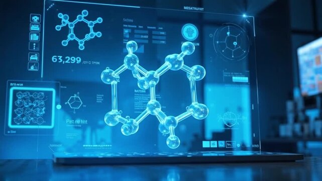 Futuristic 3D Atorvastatin Molecule Holographic Visualization with Glowing Blue Bonds and High Tech Medical HUD Interface for Pharmaceutical, Chemistry, Science and Healthcare Research.