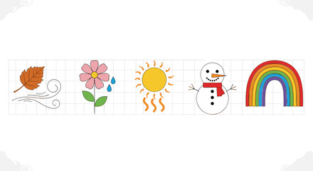 Naklejka premium Illustration depicting the four seasons with a leaf, flower, sun, snowman, and rainbow symbols