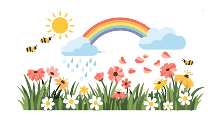 Fototapeta premium Illustration of a sunny day with a rainbow clouds flowers bees and petals falling from the sky scene