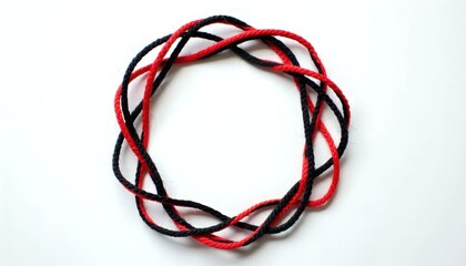 A red, black and white rope on a white surface.