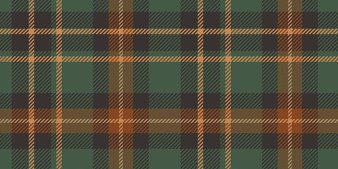 Seamless dark green, black, and orange plaid pattern with diagonal striped details. Geometric textile design for backgrounds and print