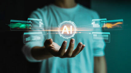 Man holds AI technology sphere with data visualizations floating around, showcasing innovation and future.