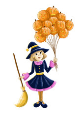 Cartoon witch girl is holding orange pumpkin balloons and broomstick