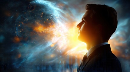 Businessman in profile contemplates glowing holographic planet and global data visualization network, symbolizing artificial intelligence, digital transformation, and futuristic technology concepts.