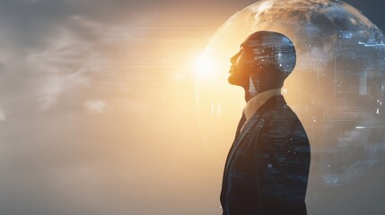Businessman in profile contemplates glowing holographic planet and global data visualization network, symbolizing artificial intelligence, digital transformation, and futuristic technology concepts.